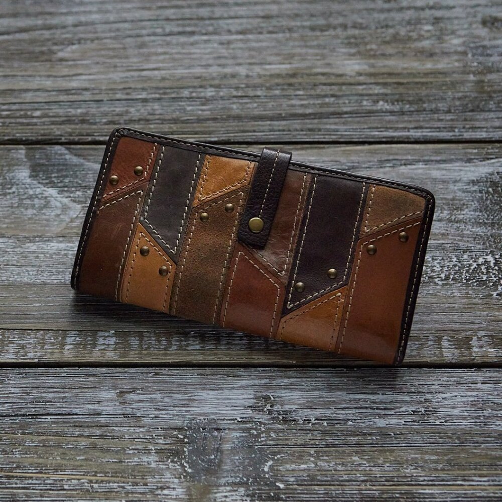 Multi Colored Brown Leather Fossil Wallet | Studs + Stitching Detail